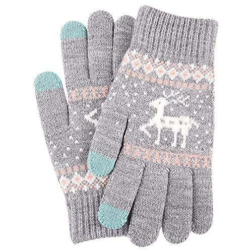 ROYIYI Stretch Handschuhe Unisex Weihnachten Elch Strickhandschuhe Frauen Verdicken Touchscreen Handschuhe Winter Warme Schnee Vollfingerhandschuhe Weihnachtsdekoration Geschenk (Grau, L) von ROYIYI