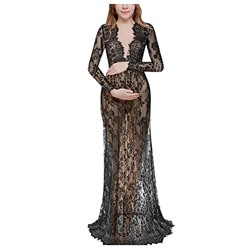 ROYIYI Umstandskleid Schwangere Langes Abendkleid Spitzenkleid Frauen V-Ausschnitt Schwangere Fotoshooting Stützen Mutterschaft Fotografie Kleidung Requisiten Umstandmode (Schwarz, XXXL) von ROYIYI