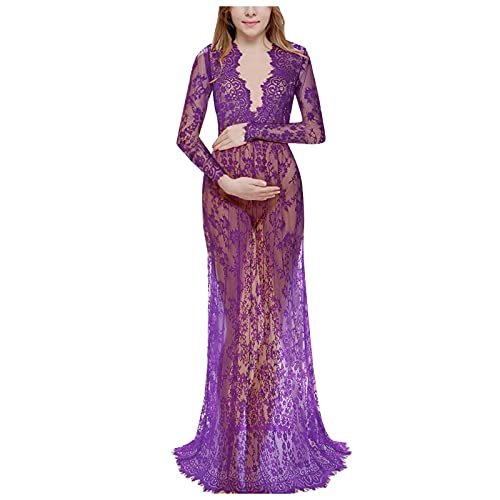 ROYIYI Umstandskleid Schwangere Langes Abendkleid Spitzenkleid Frauen V-Ausschnitt Schwangere Fotoshooting Stützen Mutterschaft Fotografie Kleidung Requisiten Umstandmode (Violett, XXL) von ROYIYI