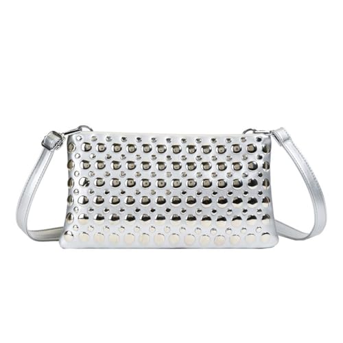 Damen Leder Schultertasche Mode Clutches Handtasche Crossbody Tasche mit Riemen Frauen Punk Nieten Handtasche Geldbörse Clutches Mode Clutch, silber, One Size von ROYJJ
