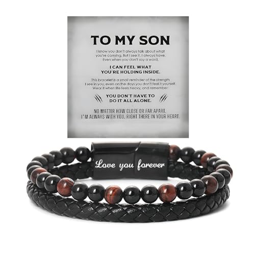 Armband mit Tigeraugen-Motiv von Mom, The Guardians To My Son, Leder, Vulkangestein, schwarze Perlen, Armreif, mit Aufschrift "Engarved With Love You Forever", Schmuckgeschenk für Herren, One Size Armband mit Tigeraugen-Motiv von Mom, The Guardians To My Son, Leder, Vulkangestein, schwarze Perlen, Armreif, mit Aufschrift "Engarved With Love You Forever", Schmuckgeschenk für Herren, One Size von ROYNRAU
