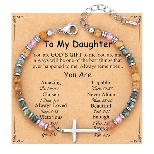 ROYNRAU Christliches Kreuz-Armband für Damen, mit Aufschrift "To My Daughter", Natursteinperlen, religiöse, inspirierende Konfirmation, Taufe, Ostern, einzigartige, motivierende Geschenke, Schmuck von ROYNRAU