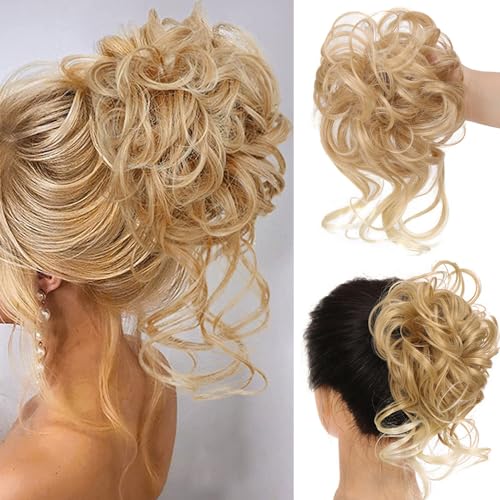 RPAEOY 2 Stück Haarteil mit Gummiband Groß Dutt Haarteil Haargummi mit Haaren Gelockt Haardutt Synthetisch Haarverlängerung Pferdeschwanz Messy Bun Haarteile für Damen Mädchen (Golden) von RPAEOY