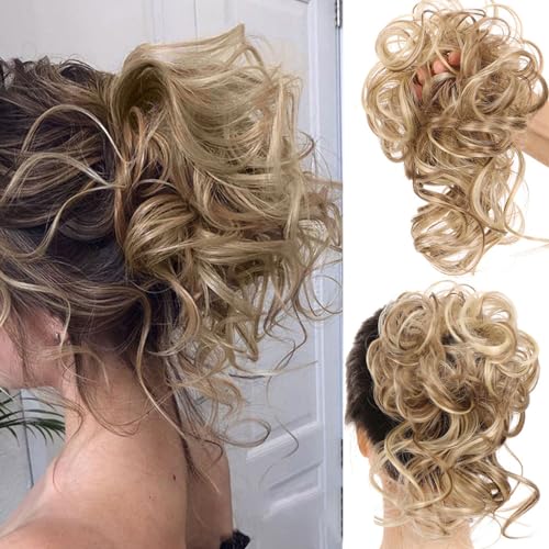 RPAEOY 2 Stück Haarteil mit Gummiband Groß Dutt Haarteil Haargummi mit Haaren Gelockt Haardutt Synthetisch Haarverlängerung Pferdeschwanz Messy Bun Haarteile für Damen Mädchen (Hellbraun) von RPAEOY