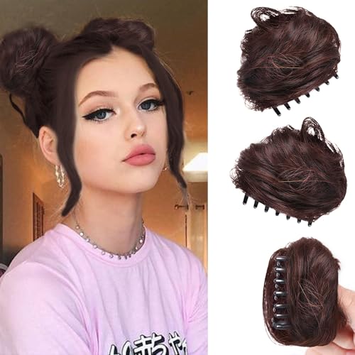 RPAEOY 2 Stück Haarschmuck Krallen Clip in Haar Bun Messy Bun Mini Haarteile Dutt mit Klammer Haar Scrunchies Synthetik Pferdeschwanz Haarteil Dutt für Damen (Dunkelbraun) von RPAEOY