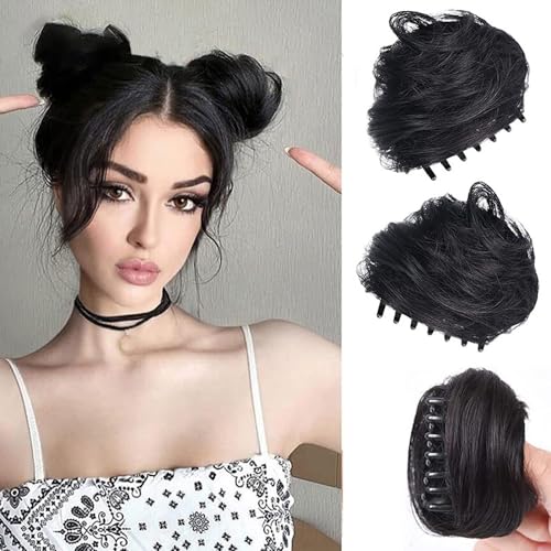 RPAEOY 2 Stück Haarschmuck Krallen Clip in Haar Bun Messy Bun Mini Haarteile Dutt mit Klammer Haar Scrunchies Synthetik Pferdeschwanz Haarteil Dutt für Damen (Schwarz) von RPAEOY