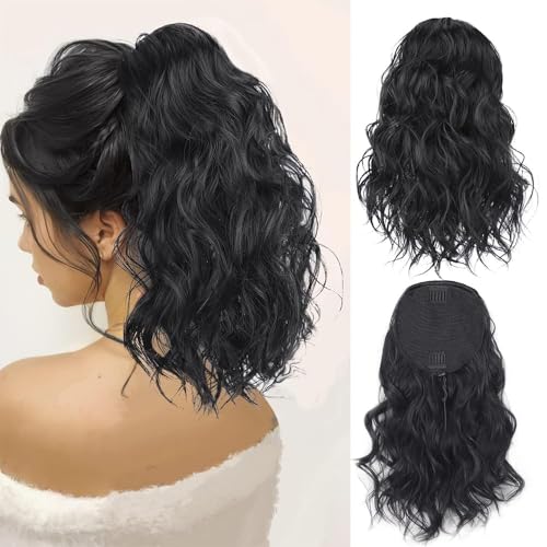 RPAEOY 35 cm PerüCke Damen Gewellte HaarperüCke Drawstring Wave Kurzer Pferdeschwanz PerüCke Ideal FüR Den TäGlichen Gebrauch und Partys(Schwarz) von RPAEOY