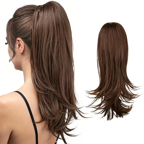 RPAEOY 50 cm Perücke Damen Clip in Extensions Echthaar Haarteil Pferdeschwanz Volumen Pferdeschwanzperücke mit Leicht Gelockten Enden Wurzel für Alltag Party Cosplay(Hellbraun) von RPAEOY