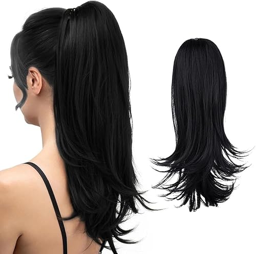 RPAEOY 50 cm Perücke Damen Clip in Extensions Echthaar Haarteil Pferdeschwanz Volumen Pferdeschwanzperücke mit Leicht Gelockten Enden Wurzel für Alltag Party Cosplay(Schwarz) von RPAEOY