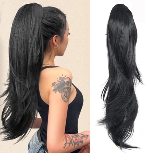 RPAEOY 60 cm Pferdeschwanz Haarverlängerung mit Kordel & Clips Langer gewellter Pferdeschwanz Verlängerung Mehrschichtiges Haarteil Synthetisch für Frauen von RPAEOY