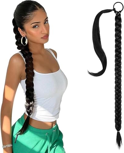 RPAEOY Braid Extensions Pferdeschwanz Haarteil mit Gummiband Synthetisches Zopf Lange Ponytail Verlängerung Natürliches Haarverlängerung für Damen und Mädchen (Schwarz) von RPAEOY
