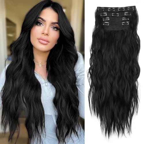 RPAEOY Clip in Extensions 4 PCS 21 Zoll Lange Wellige Clip in Haarverlängerungen Dickes Natürliches Weiches Synthetisches Haarteil Für Damen Frauen (#1) von RPAEOY