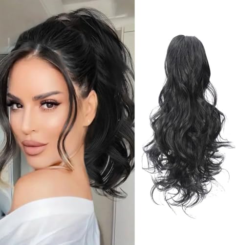 RPAEOY Clip in Extensions Echthaar 45 cm Gewellt Pferdeschwanz Haarteil Lange Zopf Haarextension Natürliches Ponytail Kunsthaar Haarzopf Perücke für Frauen und Mädchen (Schwarz) von RPAEOY