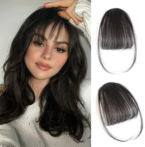 RPAEOY Haarschmuck Bangs Clip Haare Haarverlängerungen Flat Bang mit Schläfen Echthaar Front Face Fringe Pony Haarteile Pony Extension für Frauen das Tägliche Tragen (Bräunlich-schwarz) von RPAEOY