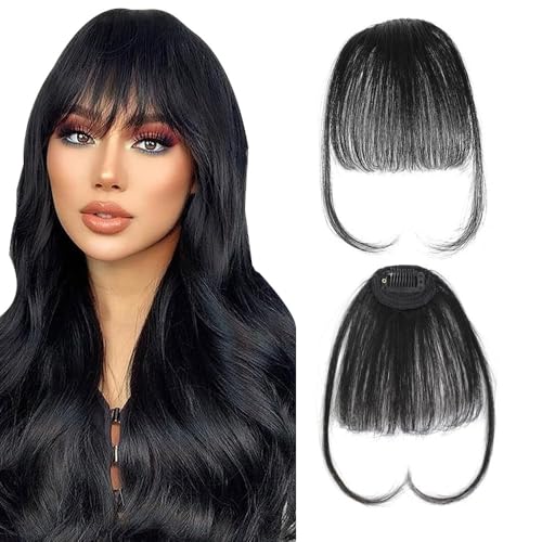 RPAEOY Haarschmuck Bangs Clip Haare Haarverlängerungen Flat Bang mit Schläfen Echthaar Front Face Fringe Pony Haarteile Pony Extension für Frauen das Tägliche Tragen (Schwarz) von RPAEOY