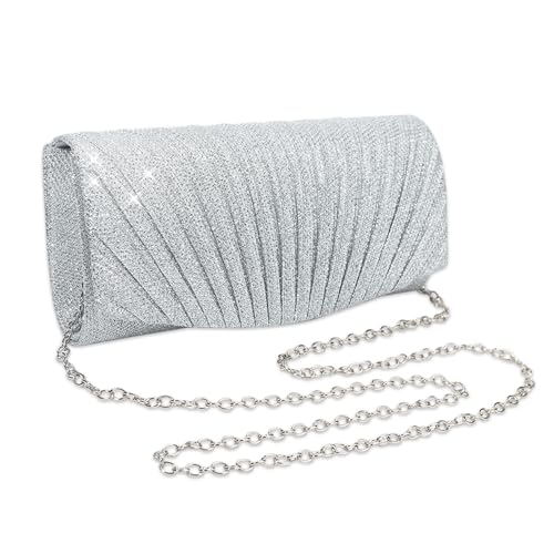 RPAEOY Clutch Damen Plissiert Abendtasche Abnehmbarer Kettentasche Modische Handtasche Hochzeit Freizeit Date Hochzeit Cocktail Party Tanz Party Geburtstagsfeier Geschenk (Silber) von RPAEOY