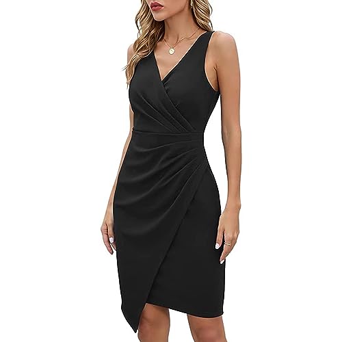 RPAEOY Ärmelloses Kleid Damen Sommerkleid Vausschnitt Wickeloptik Cocktailkleid Knielang Abendkleid Elegant Partykleid Asymmetrisch Bodycon Kleider für Hochzeitsgast Büro Business von RPAEOY