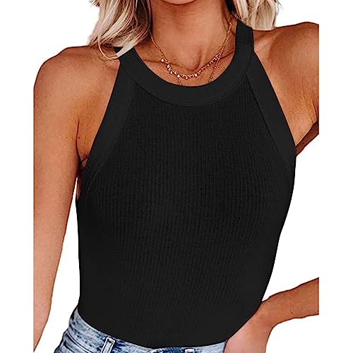 RPAEOY Damen Ärmellose Tank Top Neckholder Gerippt Rundhalsausschnitt Soild Color Sommer Oberteile Knit Stretch Sexy Racerback Casual Basic Shirts Tanktops Schwarz L von RPAEOY