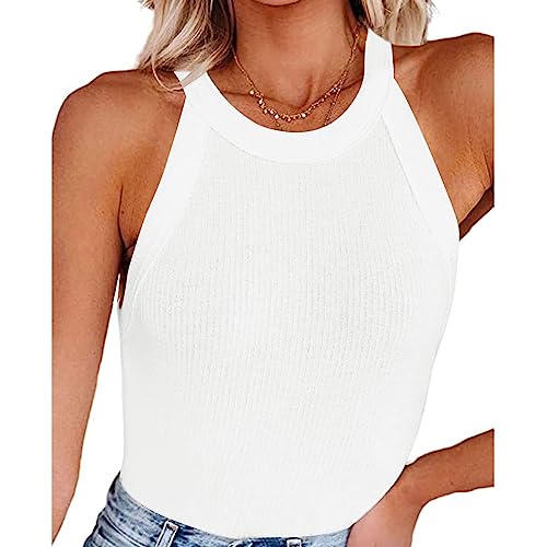 RPAEOY Damen Ärmellose Tank Top Neckholder Gerippt Rundhalsausschnitt Soild Color Sommer Oberteile Knit Stretch Sexy Racerback Casual Basic Shirts Tanktops Weiß M von RPAEOY