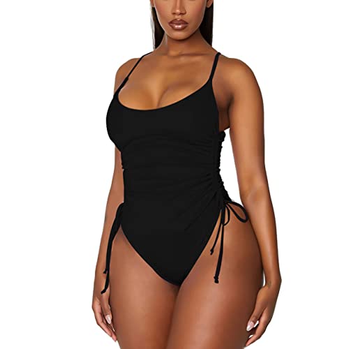 RPAEOY Damen Badeanzug Bauchweg Raffungen Sexy Kordelzug Badeanzüge Einteiliger Bademode Swimsuit Strandmode Monokini Push Up (Schwarz,M) von RPAEOY