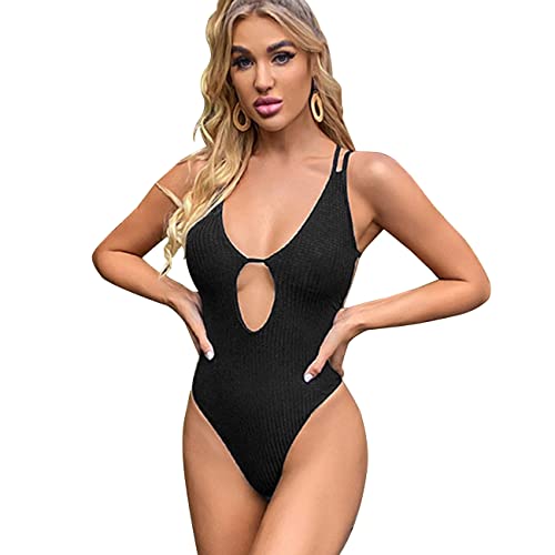 RPAEOY Damen Badeanzug mit Cut Out Bauchweg Sexy V Ausschnitt Badeanzüge Einteiliger Bademode Swimsuit Strandmode Monokini Push Up (Schwarz,L) von RPAEOY