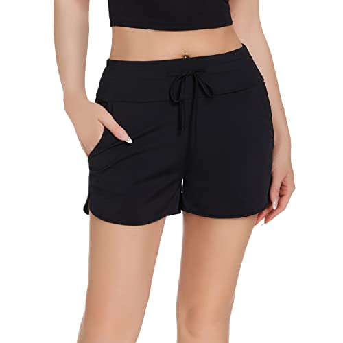 RPAEOY Damen Badeshorts Badehose mit Taschen Schnell Trocknende Boardshorts Schwimmshorts UV Schutz Bikini Shorts Schwimmhose Eingrifftasche Sporthose für Schwimmen Laufen Freizeit (Schwarz,L) von RPAEOY