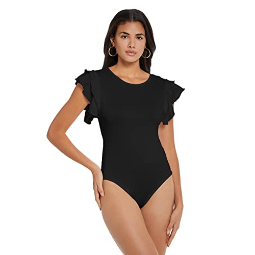 RPAEOY Damen Body Doppelrüsche Kurzarm Rundhalsausschnitt Abnehmen Seamless Thong Bodysuit Stretch Damenbody Elegant Sexy T-shirts Lässig Bluse Tops Overall Sommer Schwarz L von RPAEOY