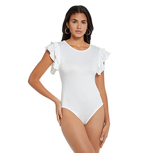 RPAEOY Damen Body Doppelrüsche Kurzarm Rundhalsausschnitt Abnehmen Seamless Thong Bodysuit Stretch Damenbody Elegant Sexy T-shirts Lässig Bluse Tops Overall Sommer Weiß L von RPAEOY