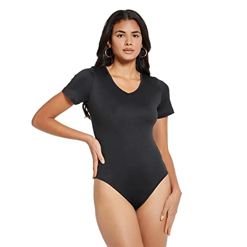 RPAEOY Damen Body V-ausschnitt Kurzarm Stretchy Slim Fit Bodysuit Sexy Einteiler Seamless Jumpsuit Tanga Damenbody Sommer T-shirt Lässig Oberteil Tops Clubwear Streetwear Schwarz M von RPAEOY