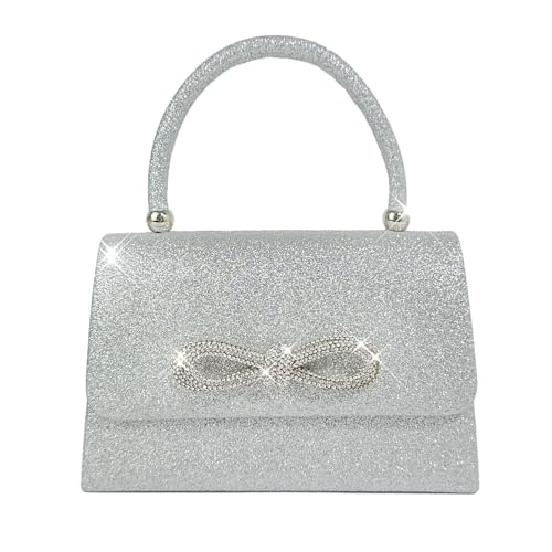 RPAEOY Damen Clutch Elegante Fliege Handtasche Glitzer Tasche Abendtasche Brauttasche Tasche Crossbody Umhängetasche für Hochzeit Party Date Abschlussball Silber von RPAEOY