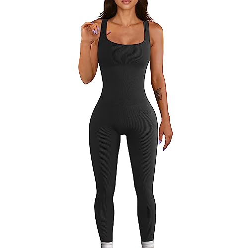 RPAEOY Damen Jumpsuit Lang Eng Rundhalsausschnitt Ärmellos Tank Rompers Einteilige One Piece Overalls Dehnbar Playsuits Leggings für Gym Yoga Sport Outfits Schwarz M von RPAEOY