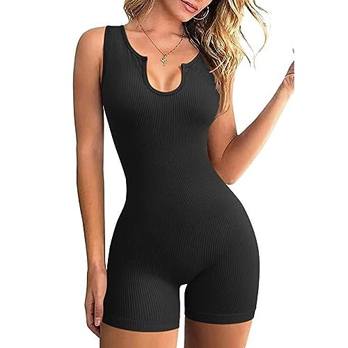 RPAEOY Damen Jumpsuit Strampler Ärmellos V-Ausschnitt Gerippt Kurz Overall Einteiler Hosenanzug Sport Playsuit Tank Tops Bodysuit Sexy Sommer Trainingsanzug für Yoga Workout (Schwarz,M) von RPAEOY