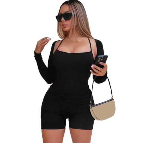 RPAEOY Damen Jumpsuit mit Langarmschal Rundhalsausschnitt Gerippter Hosenanzug Strampler Overall Playsuit Bodycon Shorts Bodysuit Sexy Sportkleidung Trainingsanzug für Yoga Workout (Schwarz,M) von RPAEOY