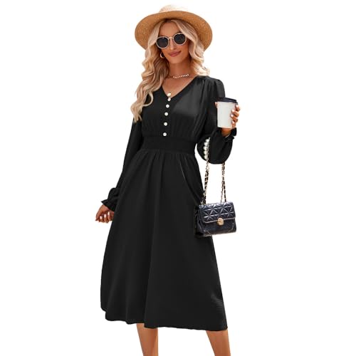 RPAEOY Damen Kleid Langarm V-Ausschnitt Knopfkleid Laternenärmel Elegant Swing Cocktailkleid A-Linie Casual Partykleid Midikleid Hohe Taille Festlich Party (Schwarz,XL) von RPAEOY
