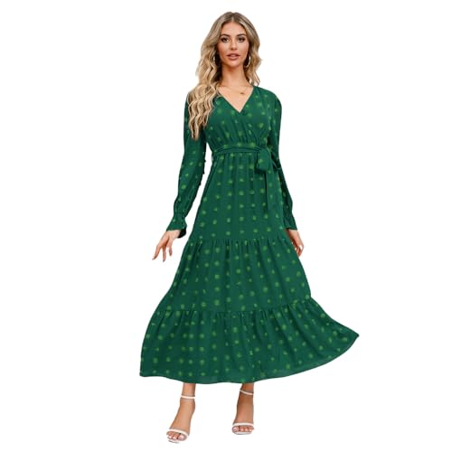 RPAEOY Damen Kleid Langarm V-Ausschnitt Swiss Dot Laternenärmel Plissee Saum Elegant Swing Boho Cocktailkleid A-Linie Casual Partykleid Maxikleid Hohe Taille Festlich Party (Grün,L) von RPAEOY