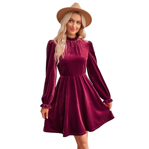 RPAEOY Damen Kleid Samtkleid Puff Langarm Hoher Hals Elegant Abendkleid Minikleid Bodycon Kurz Cocktailkleid für Party Hochzeiten Festivals Partykleid Rot XL von RPAEOY