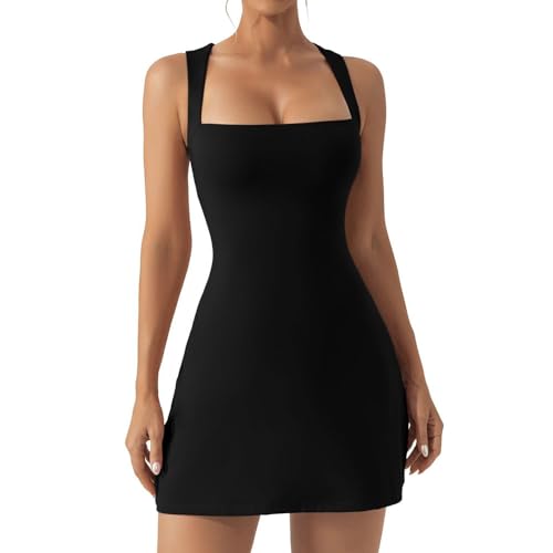 RPAEOY Damen Kleider Quadratischem Ausschnitt Ärmelloses Minikleid Freizeitkleid Enges Kurzes Figurbetontes Tank Kleider Club Party Abend Kleider (Schwarz,S) von RPAEOY