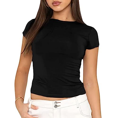 RPAEOY Damen Kurzarm Basic Crop Tops Rundhalsausschnitt Sommer Skims Top Y2k Ästhetische Kleidung Solide Farbe Slim Fit T Shirts Sexy Outfit Club Party Steetwear Schwarz S von RPAEOY