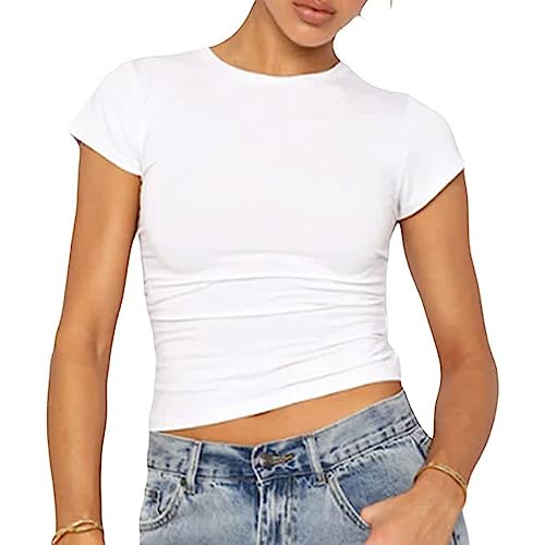 RPAEOY Damen Kurzarm Basic Crop Tops Rundhalsausschnitt Sommer Skims Top Y2k Ästhetische Kleidung Solide Farbe Slim Fit T Shirts Sexy Outfit Club Party Steetwear Weiß L von RPAEOY