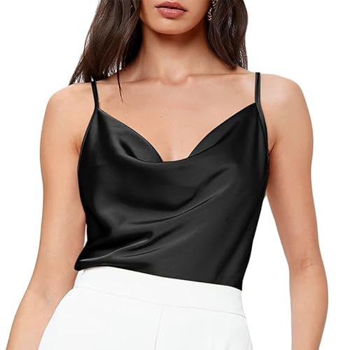 RPAEOY Damen Satin Tank Top Elegant V Hals Solide Farbe Einstellbare Strap Unterhemd Spaghetti Tops Sommer Oberteile Ärmellos Trägertop Weiche Seide Cami Schwarz L von RPAEOY