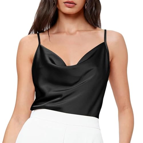 RPAEOY Damen Satin Tank Top Elegant V Hals Solide Farbe Einstellbare Strap Unterhemd Spaghetti Tops Sommer Oberteile Ärmellos Trägertop Weiche Seide Cami Schwarz S von RPAEOY