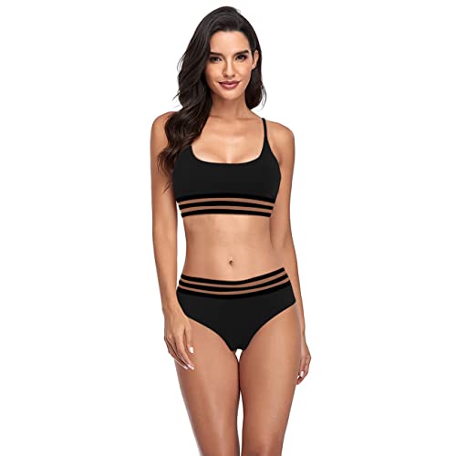 RPAEOY Damen Sexy Bikini Set Push Up Badeanzug High Waist Color Block Swimsuits Sport Streifen Bademode mit Gepolsterter Verstellbarer Riemen Zweiteiliger Strandbikini für Frauen Schwarz M von RPAEOY