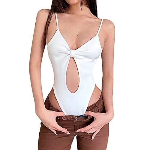 RPAEOY Damen Sexy Body Twist Knot Camisole Cut Out Hohl Spaghettiträger Bodysuit Rückenfrei Oberteil Sommer Ärmelloses V Neck Tops Slim Shirt Strechy Thong Stringbody Weiß L von RPAEOY