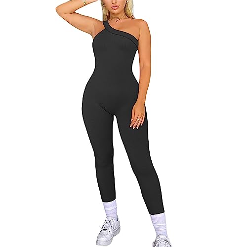 RPAEOY Damen Sport Jumpsuit Eine Schulter Ärmellos Sommer Lang Eng Bodysuit Yoga Overall Einteiler Sexy Playsuit Trainingsanzüge Stretch Workout Gym Outfit Fitness Schwarz M von RPAEOY