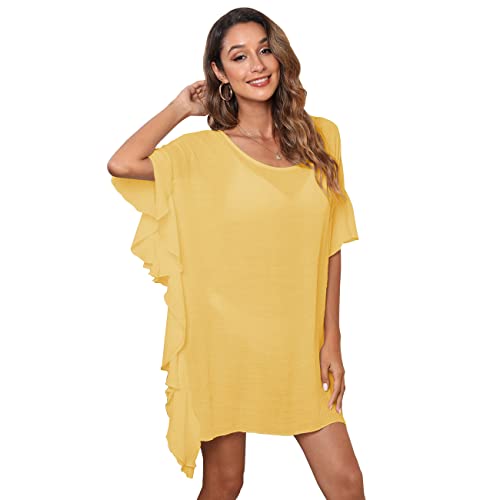 RPAEOY Damen Strandkleid Baumwolle Rüschen Sommer Strandponcho Boho Strandtunika Bikini Cover-Ups Strandurlaub Badeanzug Beachwear Sommerkleid Bademode Kurze Kleid (Gelb) von RPAEOY