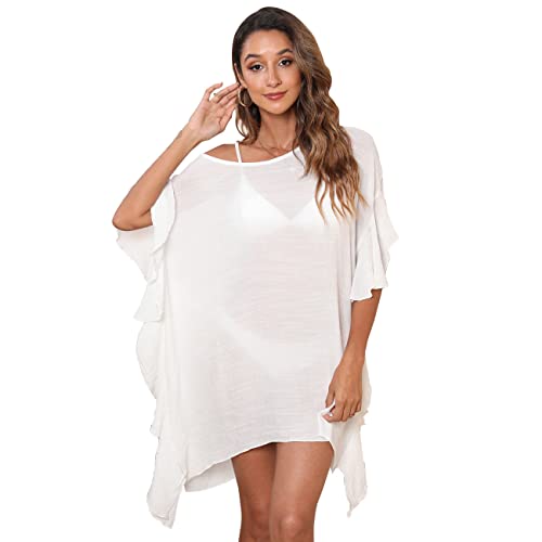 RPAEOY Damen Strandkleid Baumwolle Rüschen Sommer Strandponcho Boho Strandtunika Bikini Cover-Ups Strandurlaub Badeanzug Beachwear Sommerkleid Bademode Kurze Kleid (Weiß) von RPAEOY