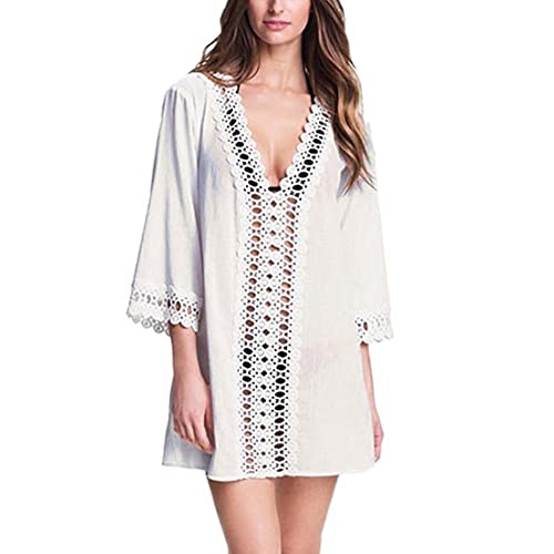 RPAEOY Damen Strandkleid Chiffon Crochet Sommer Strandponcho Boho Strandtunika Bikini Cover-Ups Strandurlaub Badeanzug Beachwear Sommerkleid Bademode Kurze Kleid (Weiß,M) von RPAEOY