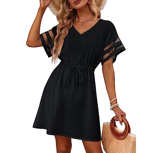 RPAEOY Damen Strandkleid Chiffon V Ausschnitt Bikini Cover Up Strandponcho Strandurlaub Badeanzug Strandtunika Sommer Beach Mini Dress Beachwear Bademode Kurze Kleid (Schwarz,L) von RPAEOY