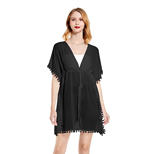 RPAEOY Damen Strandkleid Chiffon V Ausschnitt mit Quasten Bikini Cover Up Strandponcho Strandurlaub Badeanzug Strandtunika Sommer Beach Mini Dress Beachwear Bademode Kurze Kleid (Schwarz,L) von RPAEOY