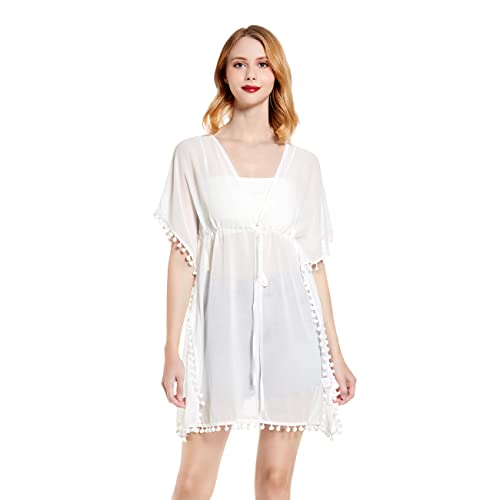 RPAEOY Damen Strandkleid Chiffon V Ausschnitt mit Quasten Bikini Cover Up Strandponcho Strandurlaub Badeanzug Strandtunika Sommer Beach Mini Dress Beachwear Bademode Kurze Kleid (Weiß,XL) von RPAEOY